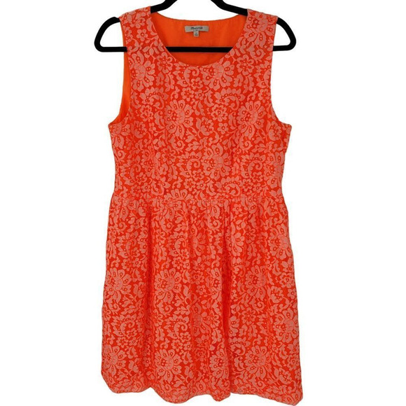 Madewell Neon Orange Sleeveless Overlay Lined Dress Lace Floral Slip Dress - Picture 2 of 8